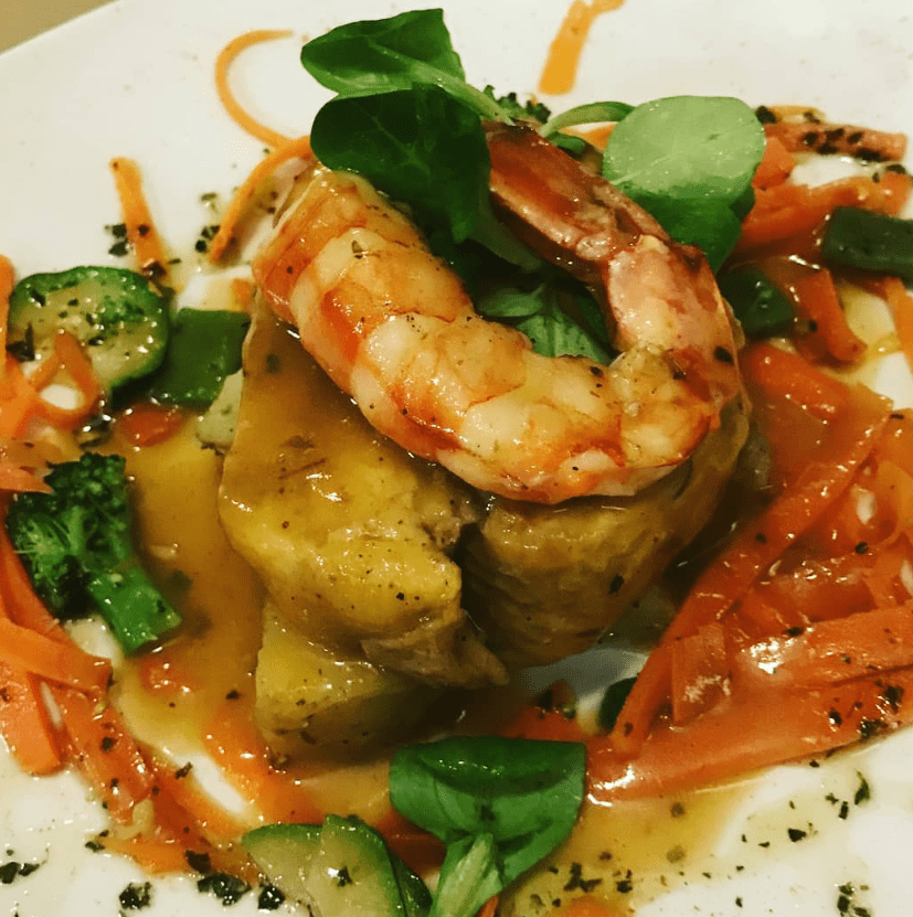 Pollastre de gra farcit amb gambes. També per portar-te a casa.