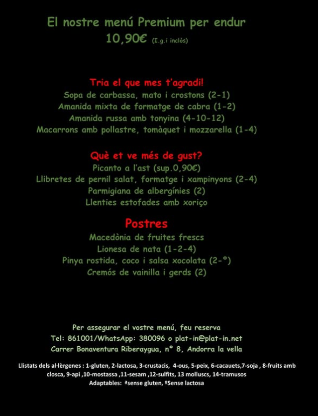 El nostre menu per aquesta setmana. El nostre horari es de dimarts a dissabte de 10h30 a les 16h30 i de 17h45 fins les 19h45. Pots recollir els teus encarrecs a partir de les 8h30. Diumenge de 10h30 fins les 13h30.