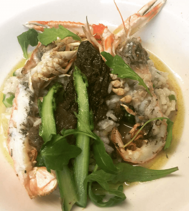 Risotto de murgues, escamarlans i esparrecs. exceptionalment orbrim al migdia.
